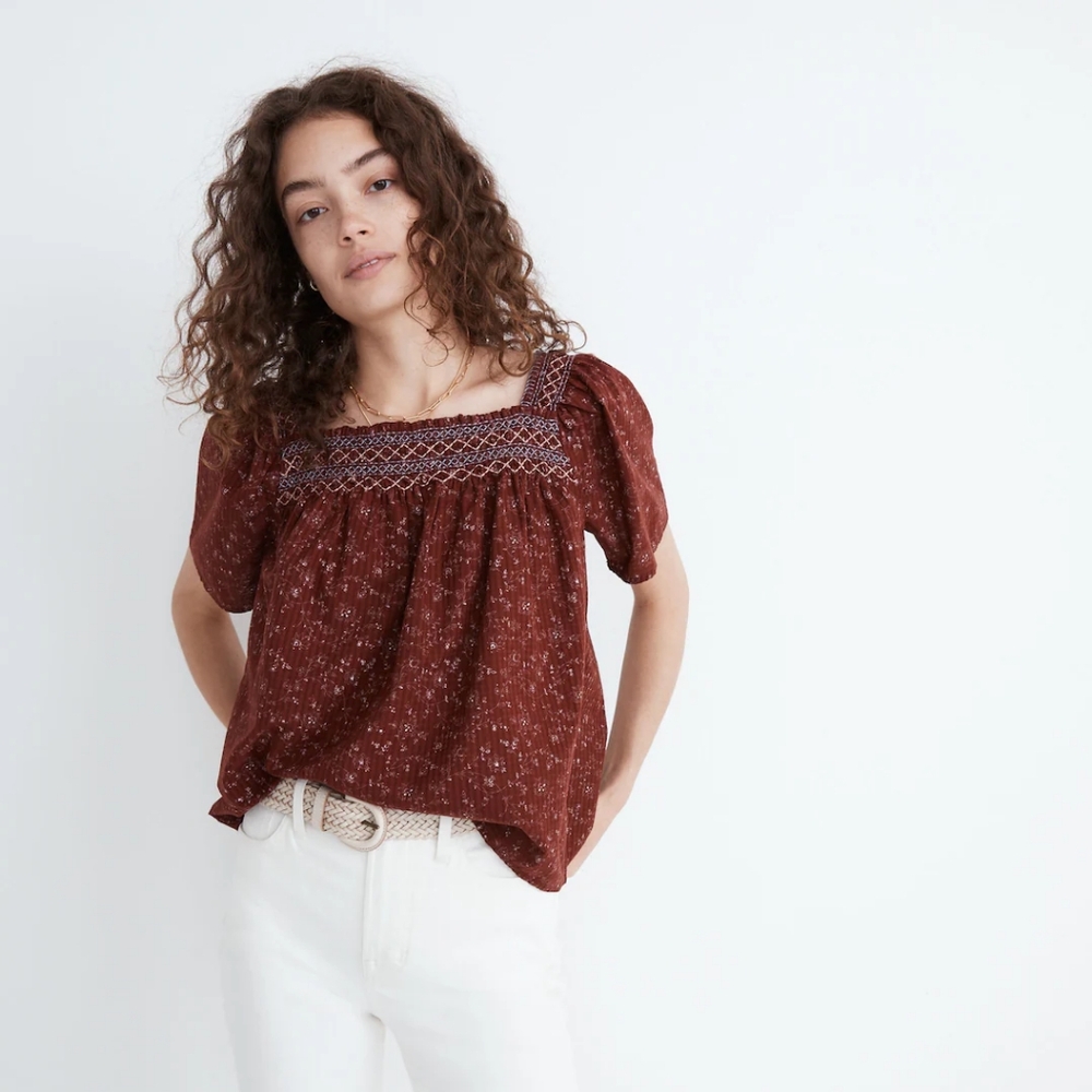 Madewell Women’s Square Neck Smocked Top. Size large